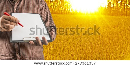 Unrecognizable Businessman hold empty list of paper red pen. Copy space for inscription Experienced agronomist examining wheat grain in field Takes readings
