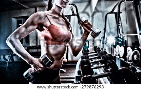 no face Unrecognizable person fitness girl do exercise with dumbbells in gym near shelf and mirror reflection Brutal athletic woman pumping up muscles with bells. sexy fitness girl in pink sport wear