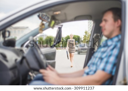 personal driver. A pretty business woman getting into a taxi cab . Skinner wait businesswoman inside luxury car Young adult girl walk outdoor to auto Empty space for inscription