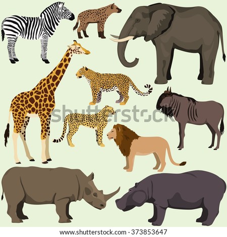 Vector set of cartoon african animals. Safari animals: hyena,hippopotamus,rhinoceros, elephant,giraffe, zebra,wildebeest, lion, leopard, cheetah.