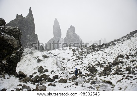Woman on path in snow storm on the Old Man of Storr.