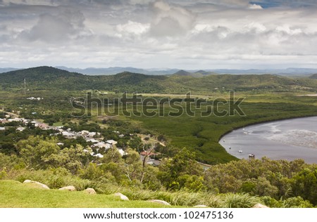 view from grassy hill overlooking the small town of Cooktown where James Cook landed