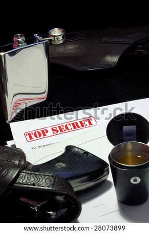 top secret documents, guns, aperetif from flack - spy celebrating a victory
