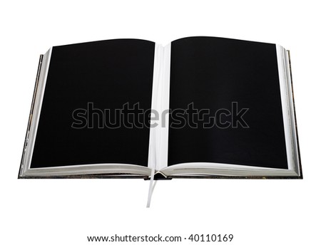 Opened high quality book with clear black printed pages and bookmark isolated on white with clipping path