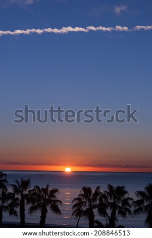 Mediterranean Sea Sunset at Malaga beach, Spain, Andalusia