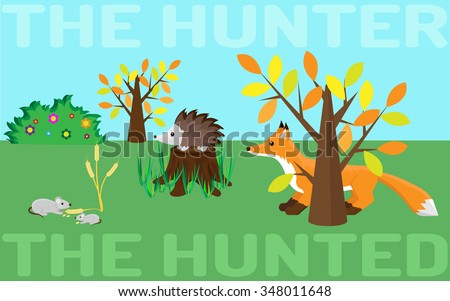 The hunter or the hunted. Food chain in a wildlife. Mouse, hedgehog, fox.