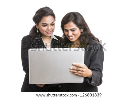Female Indian business people working in office on white.