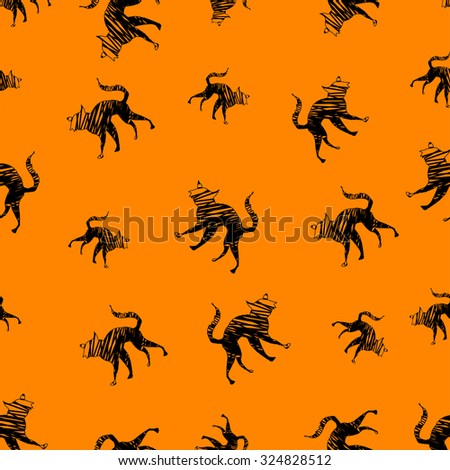 Halloween icons seamless pattern from animals, cat and magic attributes  for web and stickers. Vector