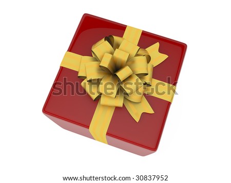 red present box with gold ribbon and bow