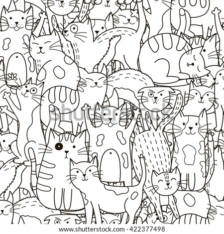 Doodle cats seamless pattern. Black and white cute background. Great for coloring book, wrapping, printing, fabric and textile. Vector illustration