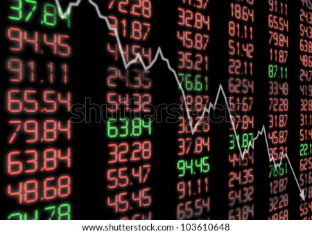 Stock Market Down - Arrow Aiming Down on Display With Red and Green Figures