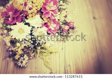 Bouquet of Wild Summer Flowers on Wooden Table - Vintage Look