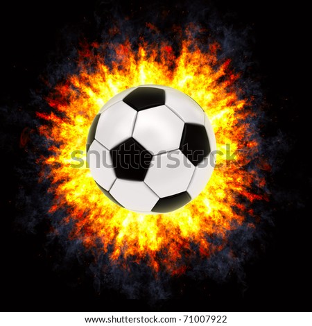Soccer ball in powerful explosion on black background. High resolution 3D image