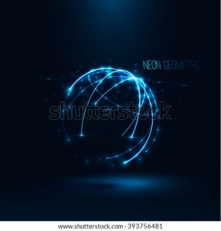 Abstract geometric technology shape of glowing particles .Broken light/neon dots and lines sphere wireframe.Network connection.Neon grid globe.Futuristic background .Vector digital 3d illustrations .