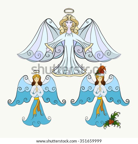 Abstract vector illustration of Christmas angel set. Prayer angel in Santa Claus hat with mistletoe. Hand-drawn objects. Isolated on white background. Eps 8.