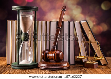 Mallet, legal code and scales of justice. Law concept, studio shots