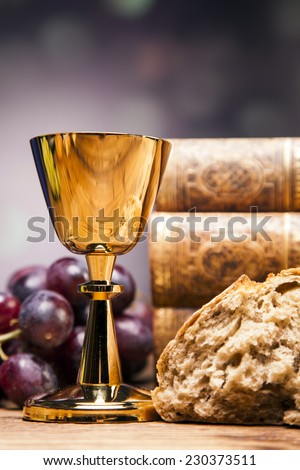 Sacred objects, bible, bread and wine. Studio shots