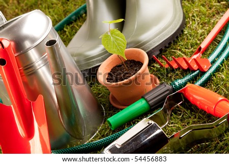 Gardening equipment placed on green grass with plants