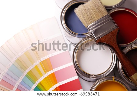 painting apartment! A lot of paint, paint cans, brush
