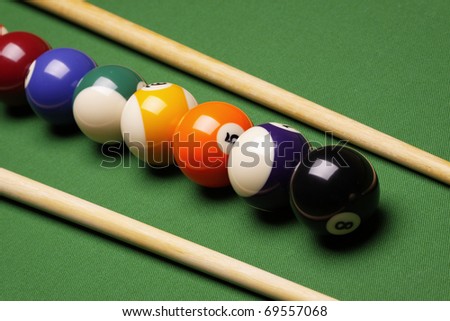 Billiard balls composition on green pool table