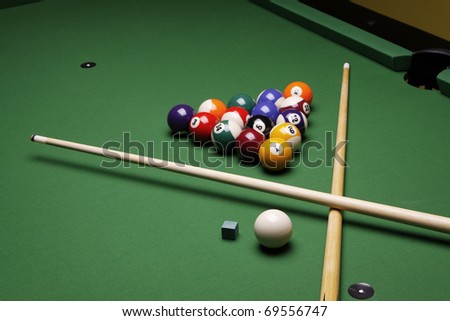Billiard time! Table, balls and cue