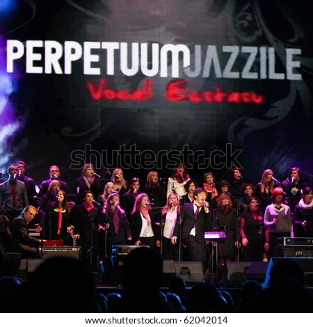 LJUBLJANA, SI - SEPTEMBER 29: Slovenian jazz vocal group Perpetuum Jazzile perform during a concert on Presernov Trg on September 29, 2010 in Ljubljana, Slovenia