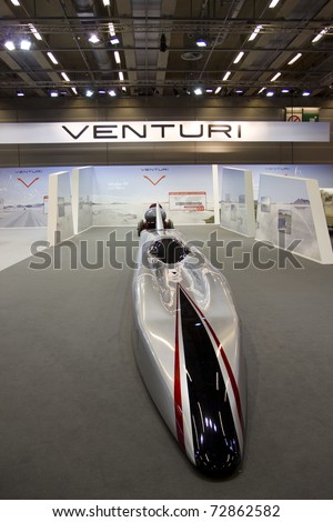 PARIS, FRANCE - OCT 10: Venturi the fastest electric car in the world on display at the Paris Motor Show at Porte de Versailles on October 10, 2010 in Paris France.