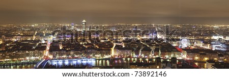 Panorama of Lyon by Night, France, Europe