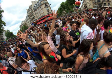 PARIS, FRANCE - JUNE 25.  People took part in the Paris Gay Pride parade to support the LGBT\'s(lesbian, gay, bisexual, and transgender) rights, on June 25, 2011 in Paris, France.