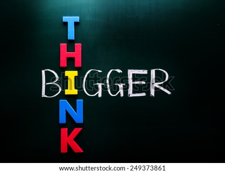 Simple Think Bigger Concept, with Colorful THINK Letters Crossing on BIGGER Text at Green Chalkboard