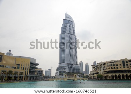 DUBAI, UAE -  MARCH 25 : Address Hotel and Lake Burj Dubai in Dubai. The hotel is 63 stories high and feature 196 lavish rooms and 626 serviced residences, taken on March 25,2013 in Dubai, UAE.
