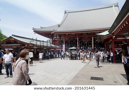TOKYO,JAPAN - MAY 28 :Unidentified tourists in the Senso-ji Temple on May 28,2014 in Tokyo,Japan.The Senso-ji Buddhist Temple is the symbol of Asakusa and one of the most famed temples in all of Japan