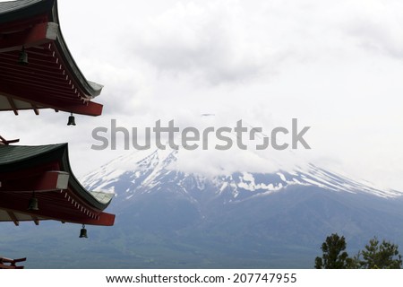 Closoe up Mt. Fuji viewed from behind Chureito Pagoda,Japan.