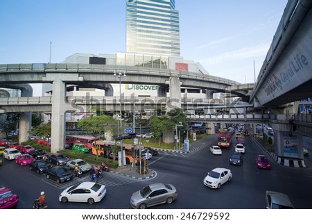 BANGKOK,THAILAND - JAN 3 : Traffic jam on Rama I street at Pathumwan junction on Jan 3,2015 in Bangkok, Thailand. Pathumwan junction is one of the most busiest shopping districts in Bangkok.