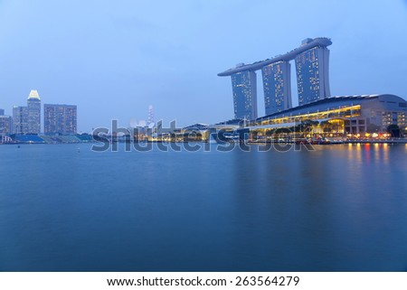 Singapore - MAR 20 : Nightscape of Singapore Marina Bay Sand on March 20,2015 in Singapore. Marina Bay Sands is billed as the world\'s most expensive standalone casino property at S$8 billion.