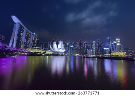Singapore - MAR 20 : Nightscape of Singapore Marina Bay Sand on March 20,2015 in Singapore. Marina Bay Sands is billed as the world's most expensive standalone casino property at S$8 billion.