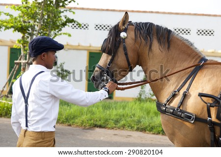 NAKHONRATCHASIMA , THAILAND - MAY 26 : Horse rider and the brown horse waiting for the tourist at MiraiSierra Hotel  on May 26,2015 in NakhonRatchasima, Thailand.