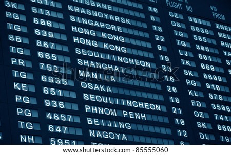 The display board in an airport with depatrue and arrival times.