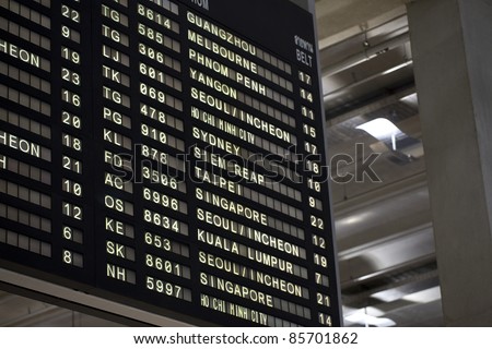 The display board in an airport with depatrue and arrival times.