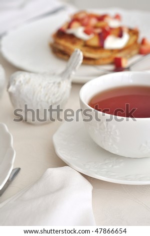 White cup of tea. Breakfast