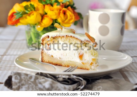 Slice of festive white chocolate marmalade cassata cake.Classic Italian Dessert. Sicilian cassata cake.