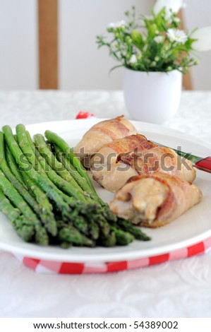 Bacon Roasted Chicken rolls and asparagus