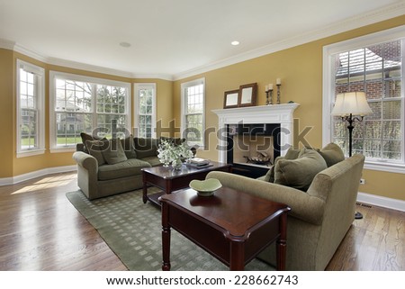 Living room in luxury home with fireplace