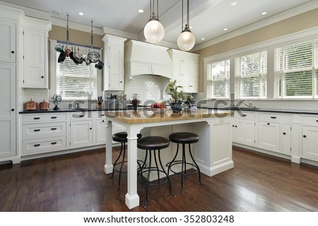 Kitchen with white cabinetry and center island
