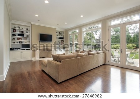Family room with door leading outside