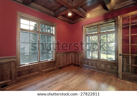 Red library with wood paneling