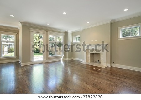 Family room with fireplace in new construction home