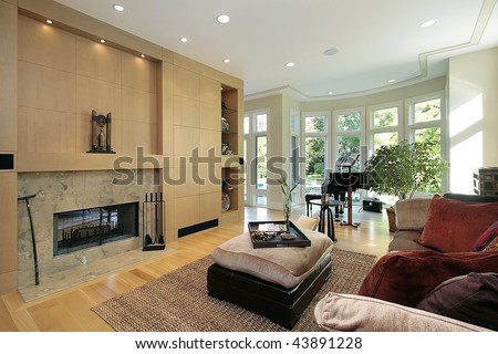Living room with marble fireplace