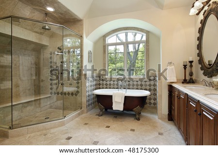 Master Bath In Luxury Home With Glass Shower Stock Photo 48175300 ...