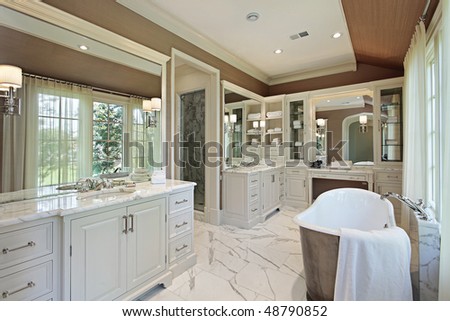Master bath in luxury home with back yard view